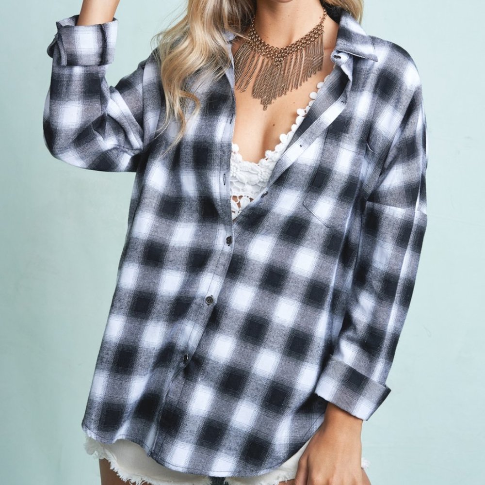 New Black and White Plaid Button Flannel Shirt - Picture 3 of 5